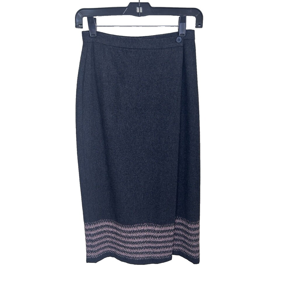 Petite Sophisticate 0P Wool Gray Pink Border Accent Wrap Lined Midi Pencil Skirt
